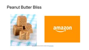 two pictures peanut butter fudge on a counter. Amazon logo